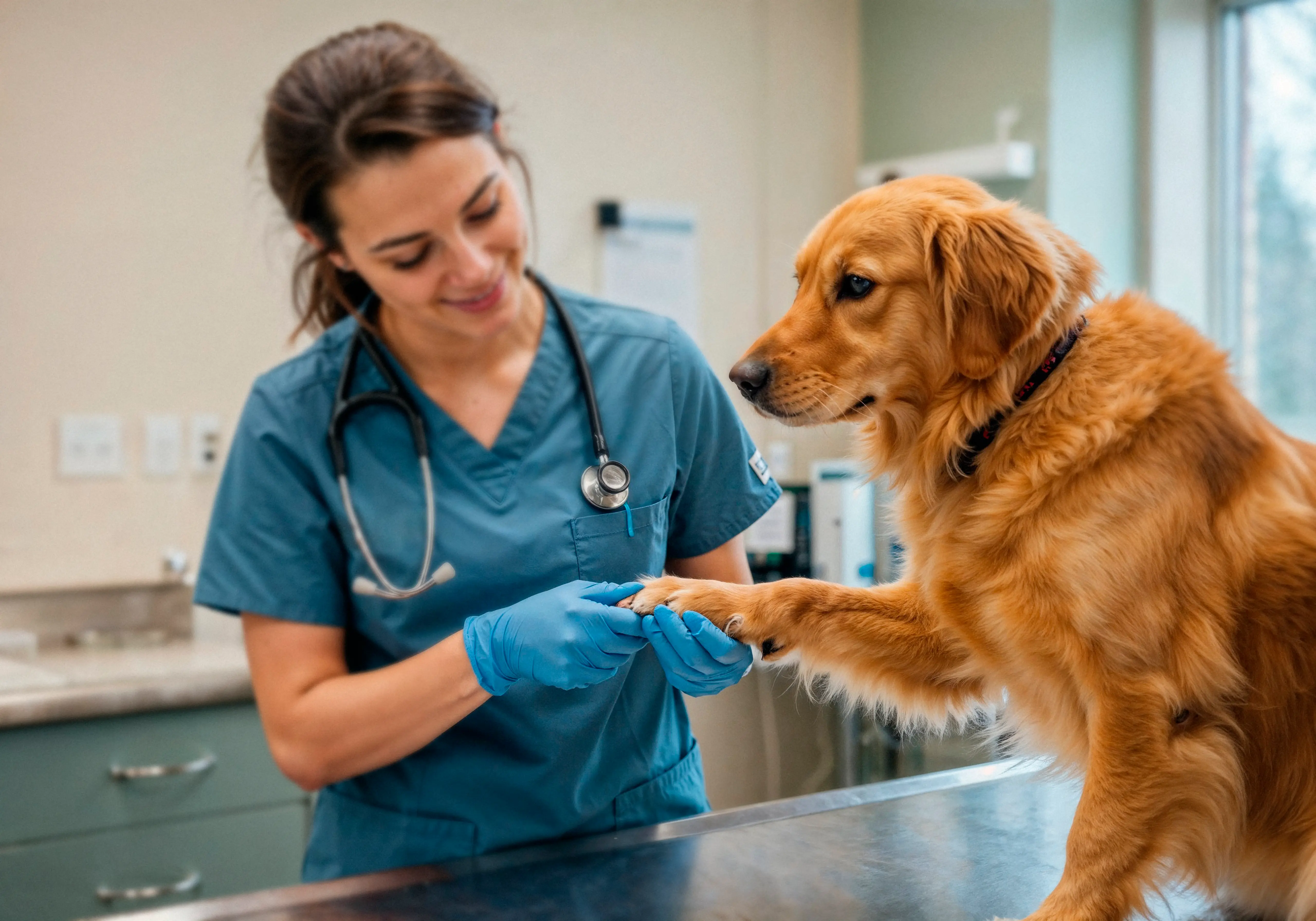 Doctor examining Golden Retriever
